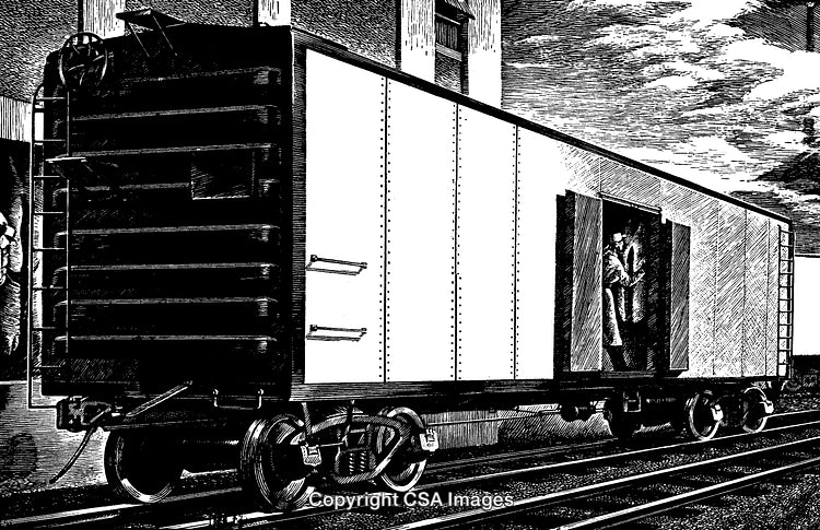 Victorian Boxcar Illustration of Workers at a Train Station