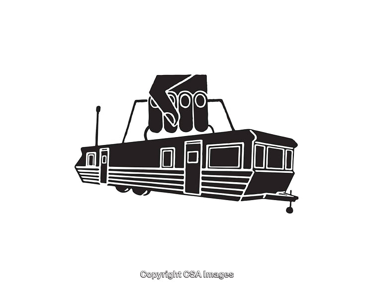 Black and White Line Art of a Mobile Home Being Carried by a Hand