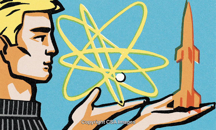 Vintage Styled Science and Technology Illustration with Rocket and Atom Design