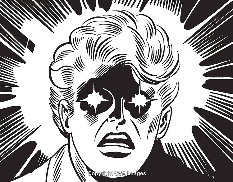 Monochrome Comic Style Illustration of a Man with Star Eyes in Shock