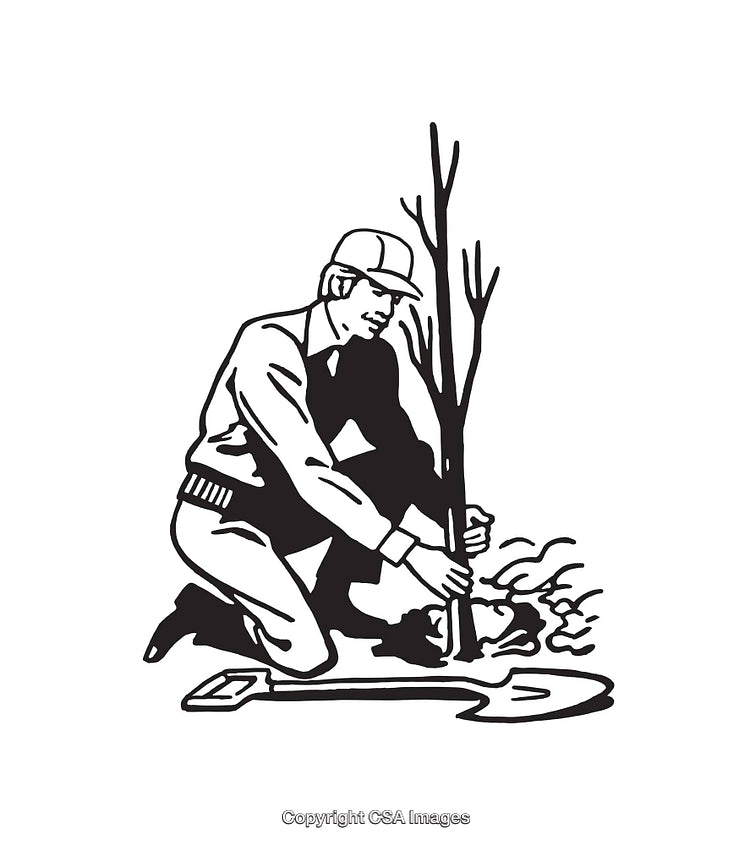 Black and White Illustration of a Man Planting a Tree