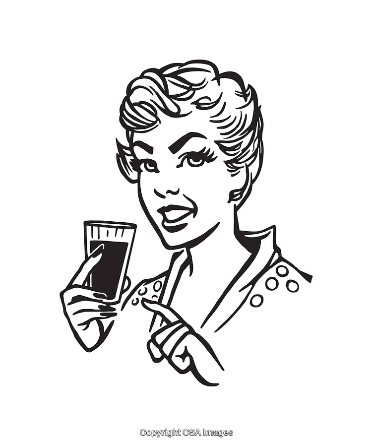 Retro Style Woman Holding Beverage in Classic Line Art Illustration