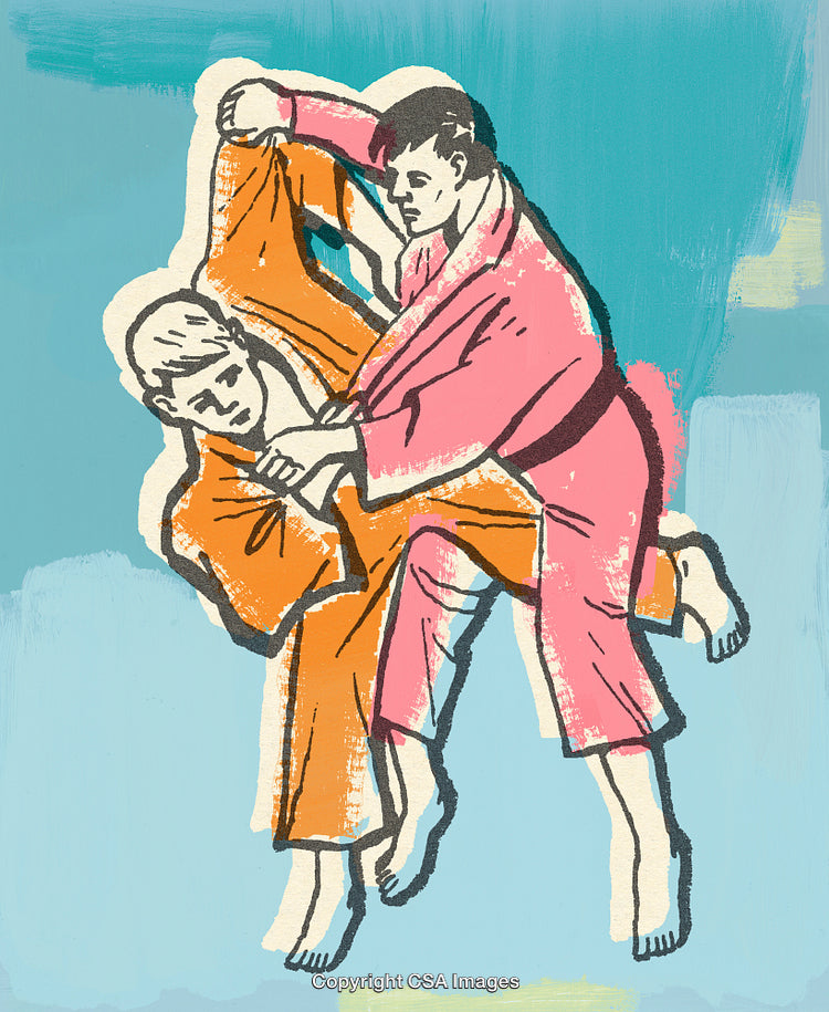Two Individuals Practicing Martial Arts Technique Against Blue Artistic Background