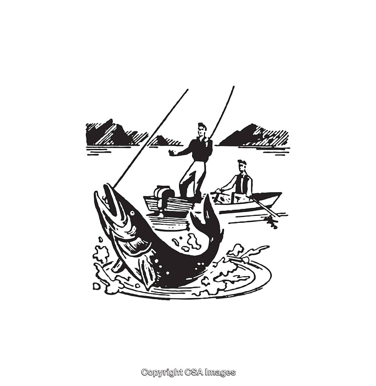 Vintage Black and White Illustration of Anglers Catching a Large Fish