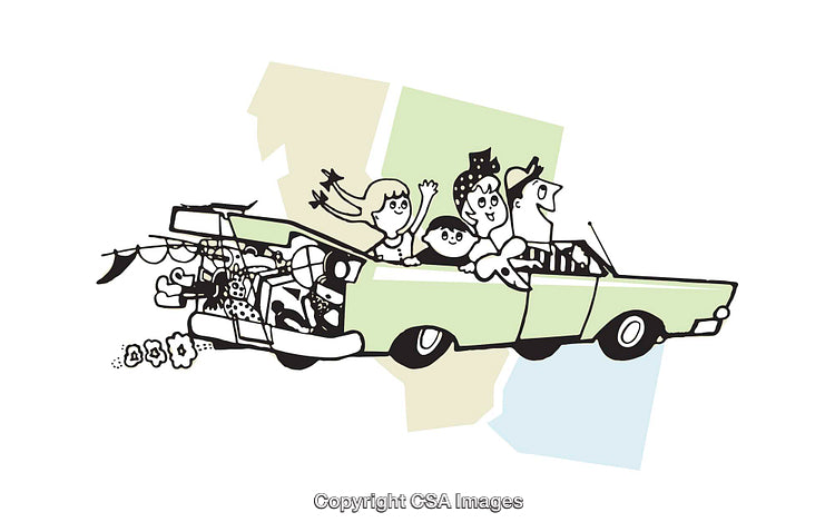 Family Enjoying Road Trip in Retro Style Illustration