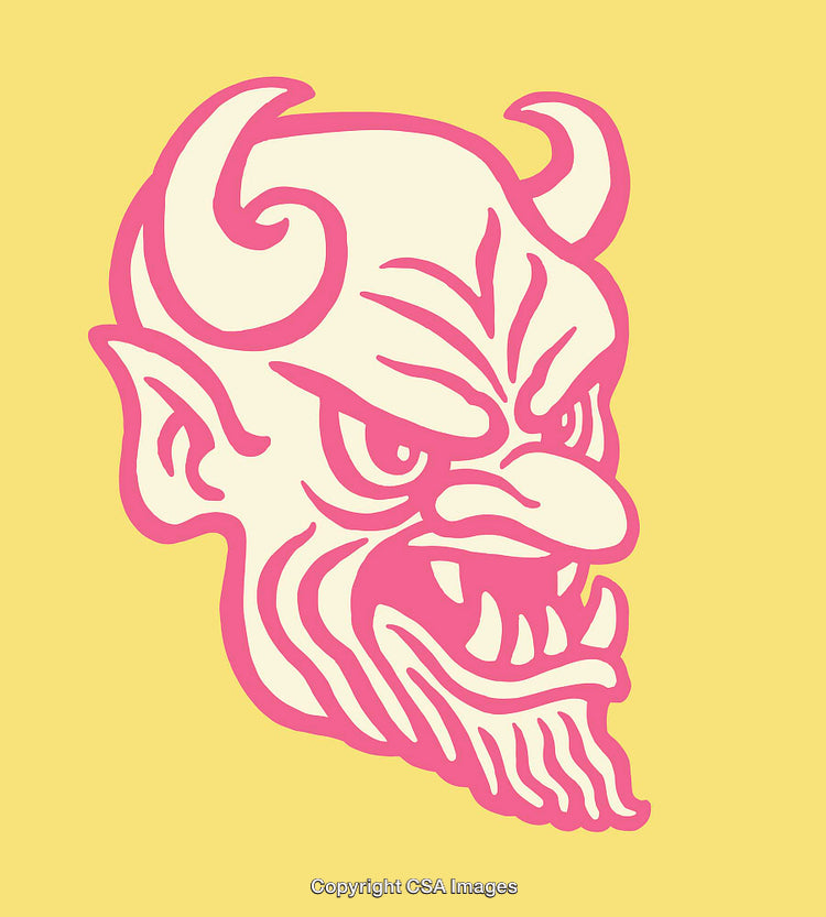 Colorful Line Art Illustration of a Demon Head on Yellow Background