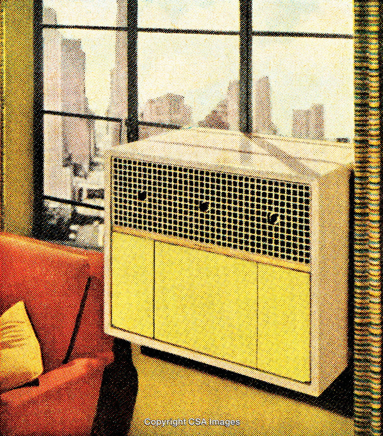 Retro Styled Interior With Vintage Cabinet and Urban Background Window View