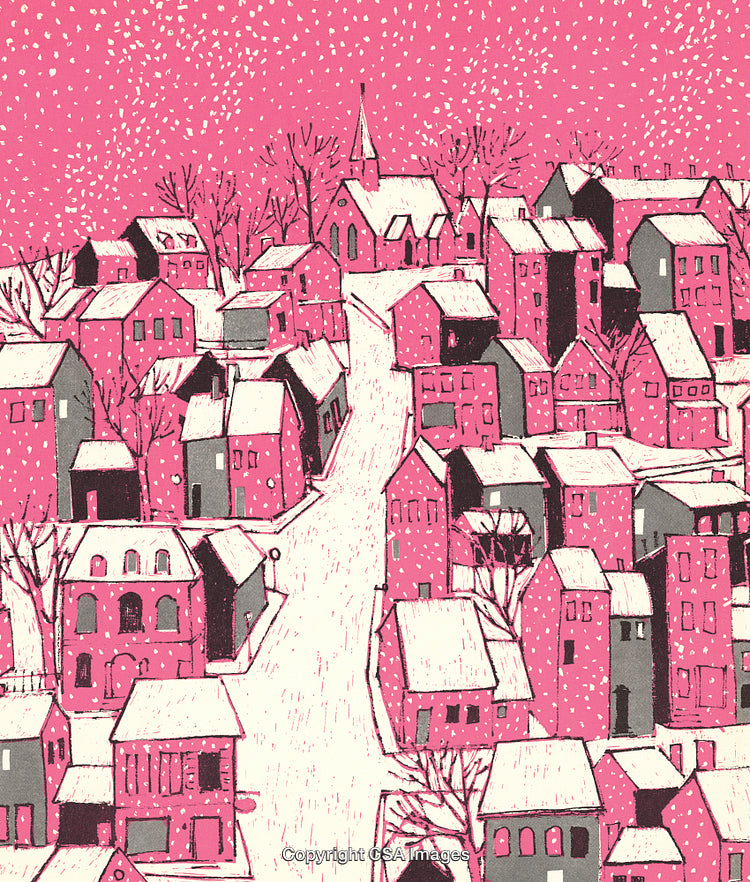Pink Winter Village Illustration with Snowfall and Quaint Architecture