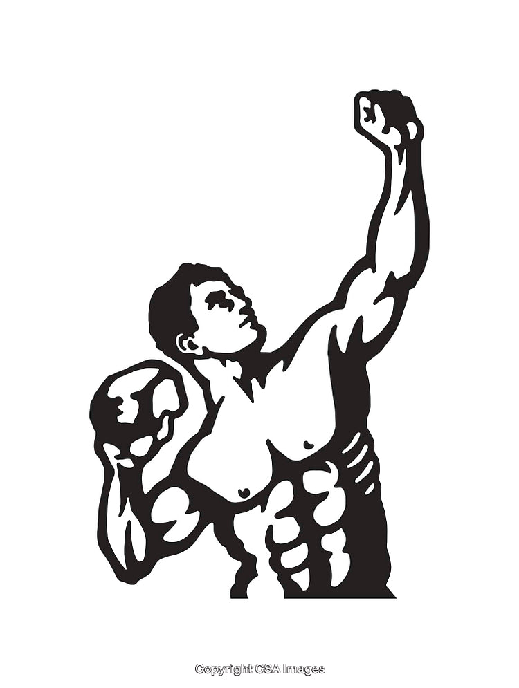 Black and White Line Art of a Muscular Male Figure Raising a Fist