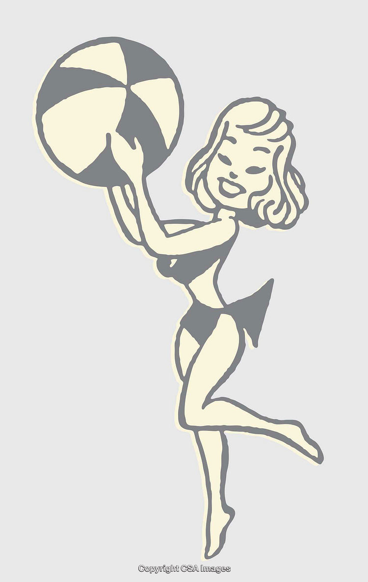 Retro Illustration of a Woman Holding a Beach Ball