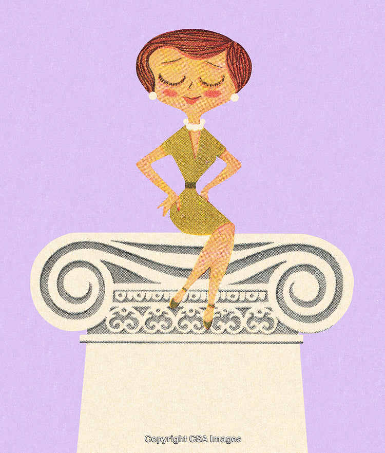 Elegant Illustration of a Stylish Woman Sitting on a Decorative Column