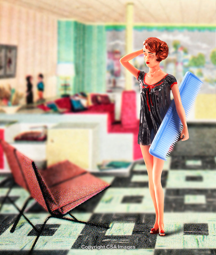 Vintage Figurine in Retro Interior Holding Oversized Comb
