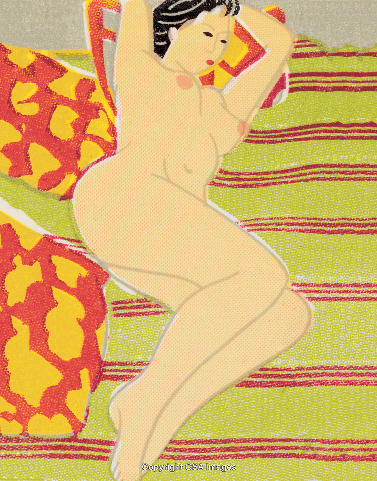 Artistic Representation of Reclining Woman on Colorful Textile Background