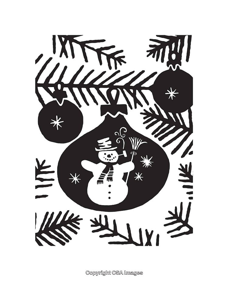 Black and White Christmas Line Art of Snowman and Decorations