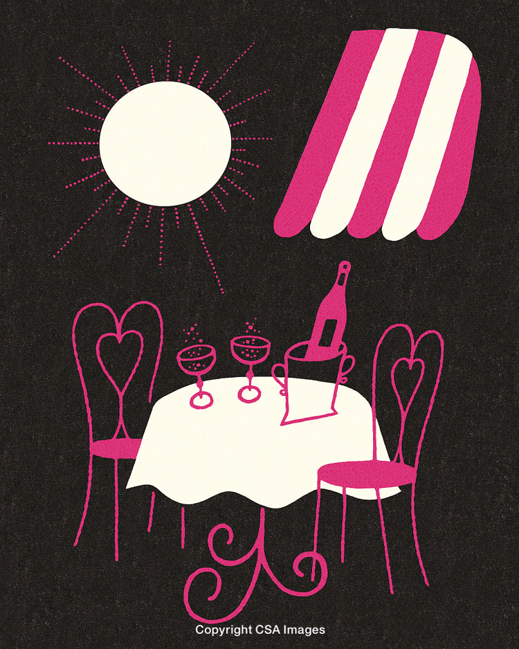 Vintage Illustration of Romantic Outdoor Dining Scene with Wine and Sun