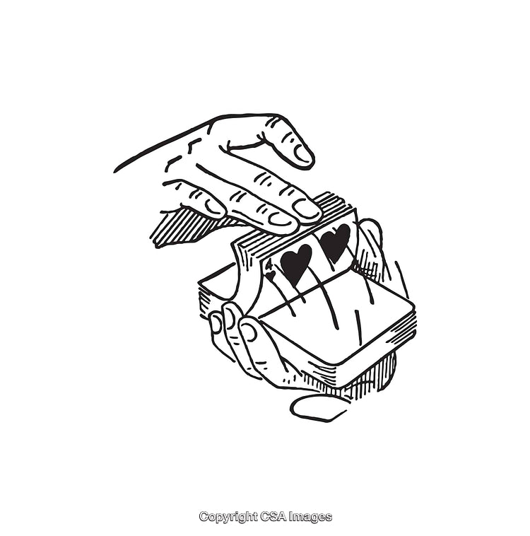 Black and White Illustration of Hands Shuffling Playing Cards in Motion