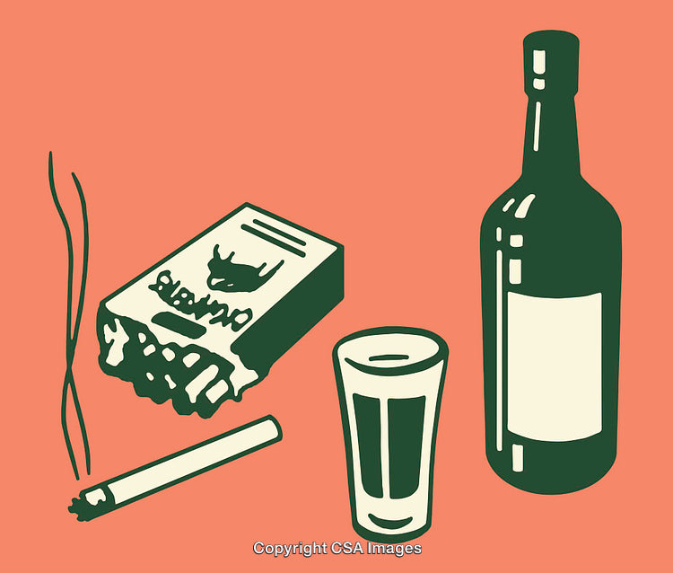 Colorful Illustration of Smoking and Drinking Materials on Coral Background