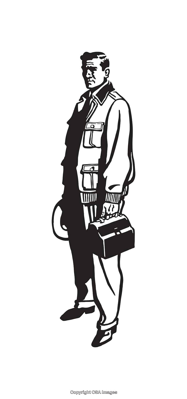 Black and White Line Art of a Standing Man Holding a Toolbox
