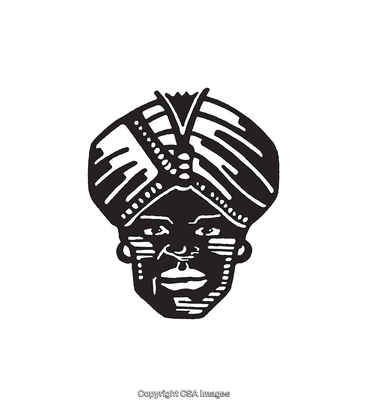 Black and White Line Art of a Face Adorned with a Turban