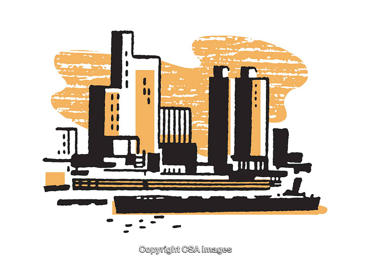 Stylized Cityscape Illustration with Urban Skyline and Modern Architecture