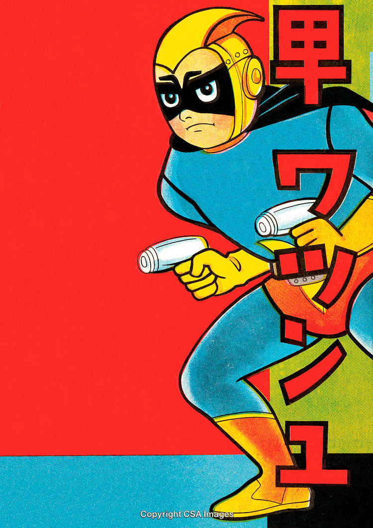 Retro Anime Hero Character Illustration with Bold Colors and Dynamic Design