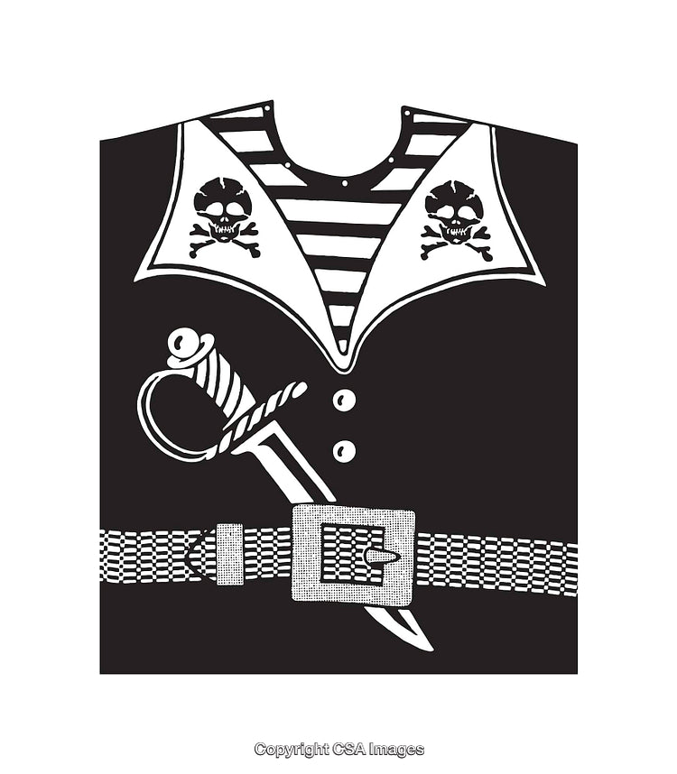 Monochrome Pirate Costume Design with Skull and Saber Graphics