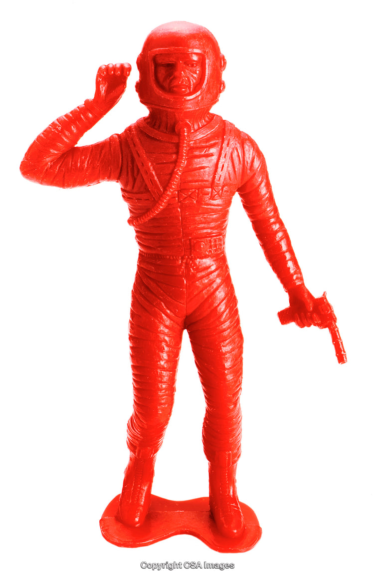 Bright Red Plastic Astronaut Figurine Holding Ray Gun