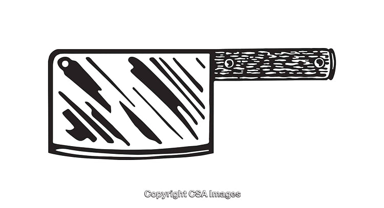 Black and White Hand-Drawn Butcher's Cleaver Illustration with Wooden Handle