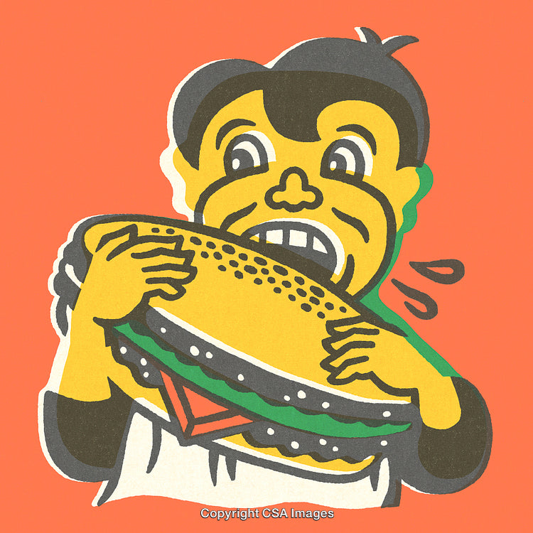 Illustration of a Character Enjoying a Giant Burger on Vibrant Background
