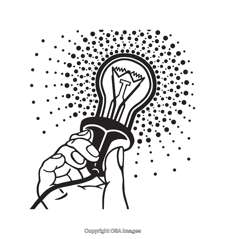 Hand Holding Light Bulb in Black and White Line Art Illustration