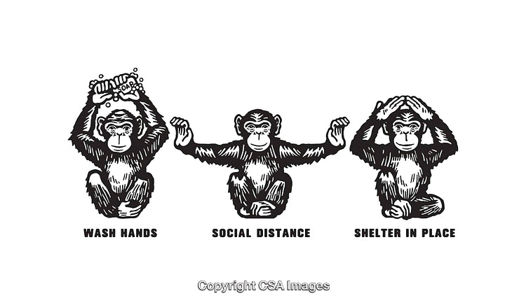 Black and White Line Art Illustrating Wash Hands, Social Distance, and Shelter Rules