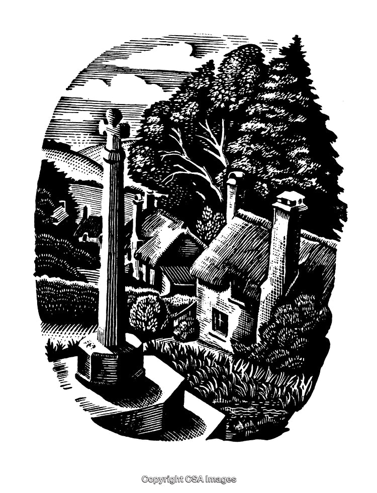 Black and White Engraving of a Quaint Village and Monument Scene