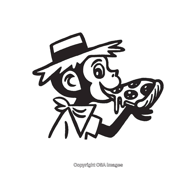 Retro Monkey Eating a Pepperoni Pizza in Black and White Line Art Style