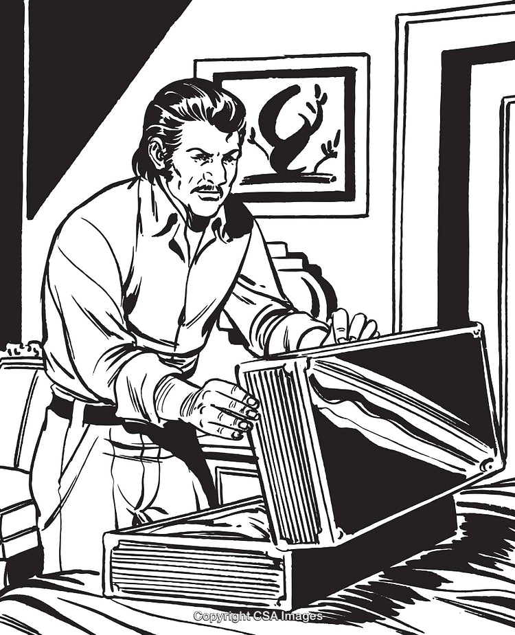 Retro Comic Illustration of Man Opening a Case in Suspenseful Setting