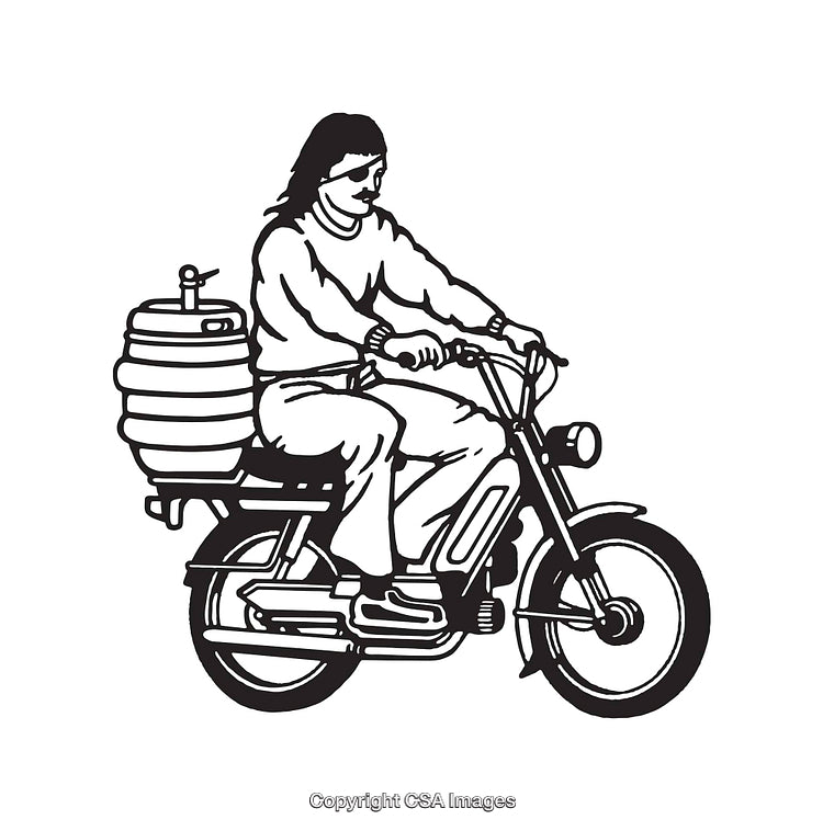 Black And White Illustration of a Motorcycle Rider Transporting a Barrel