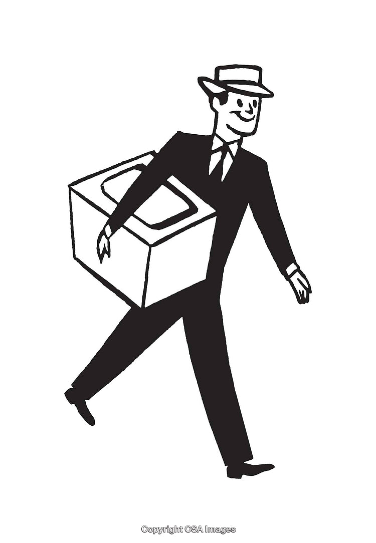 Retro Black and White Illustration Showing a Businessman Carrying a Large Box