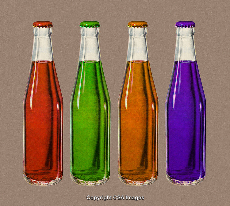 Colorful Glass Bottles of Different Beverages on Neutral Background