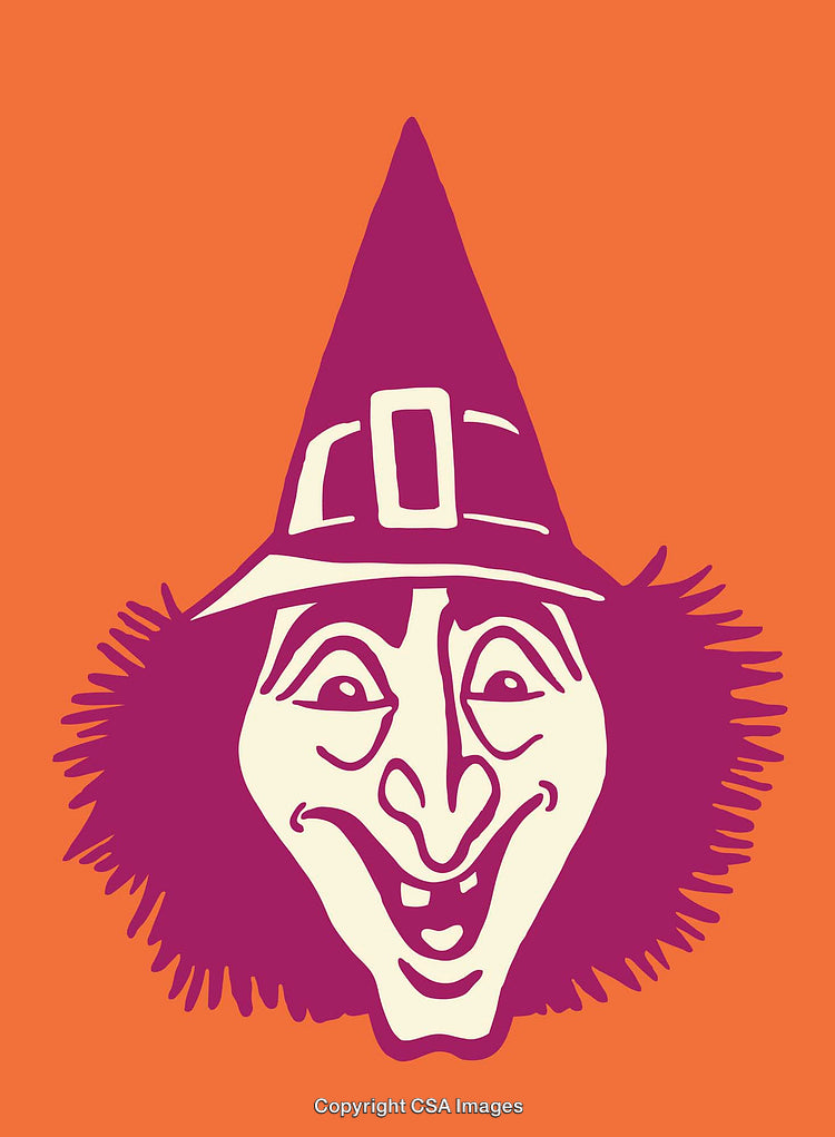 Colorful Illustration of a Witch Face on Orange Background