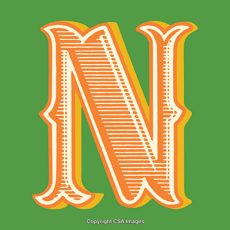 Decorative Vintage Letter 'N' with Green Background and Orange Design
