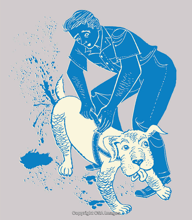 Illustrated Scene of Man Handling Dog Amidst Chaos and Humor