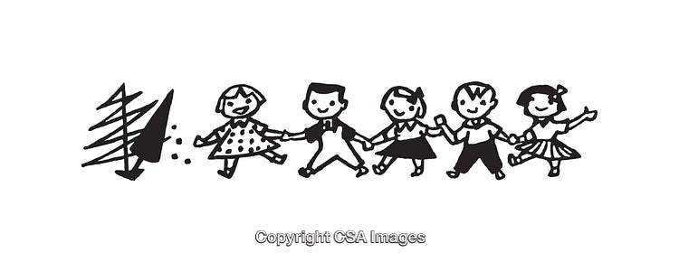 Black and White Illustration of Children Holding Hands in a Line