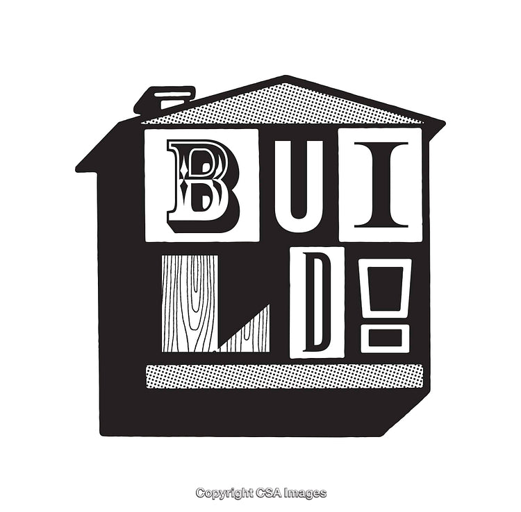Black and White Line Art Illustration of House with Text 'Build!'