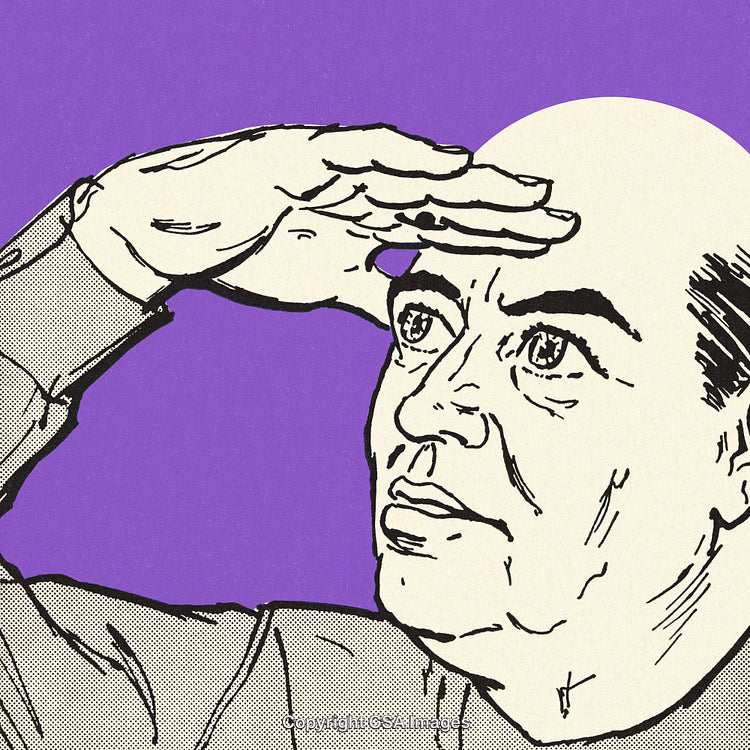 Retro Styled Illustration of a Person Gazing Intently Into the Distance