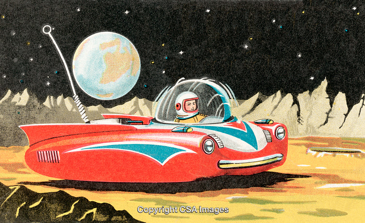 Retro Illustration of Space Adventure Featuring a Futuristic Car on an Alien Moon