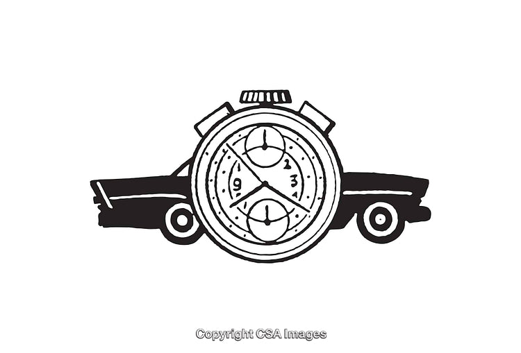 Black And White Illustration Of Stopwatch Overlaying Classic Vintage Car