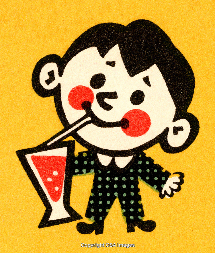 Whimsical Cartoon Character Drinking Refreshing Beverage with a Bright Smile