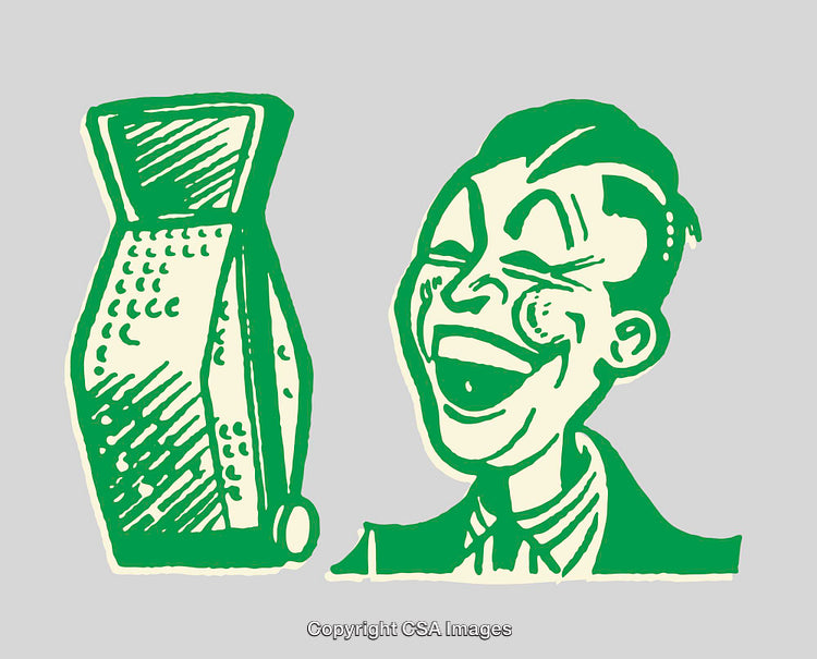 Vintage Green Line Art Illustration of a Laughing Man and Object