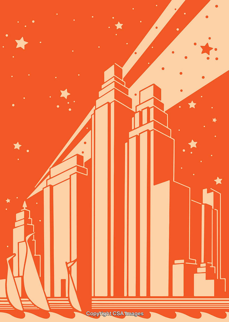 Art Deco Inspired Cityscape with Skyscrapers and Sailing Theme