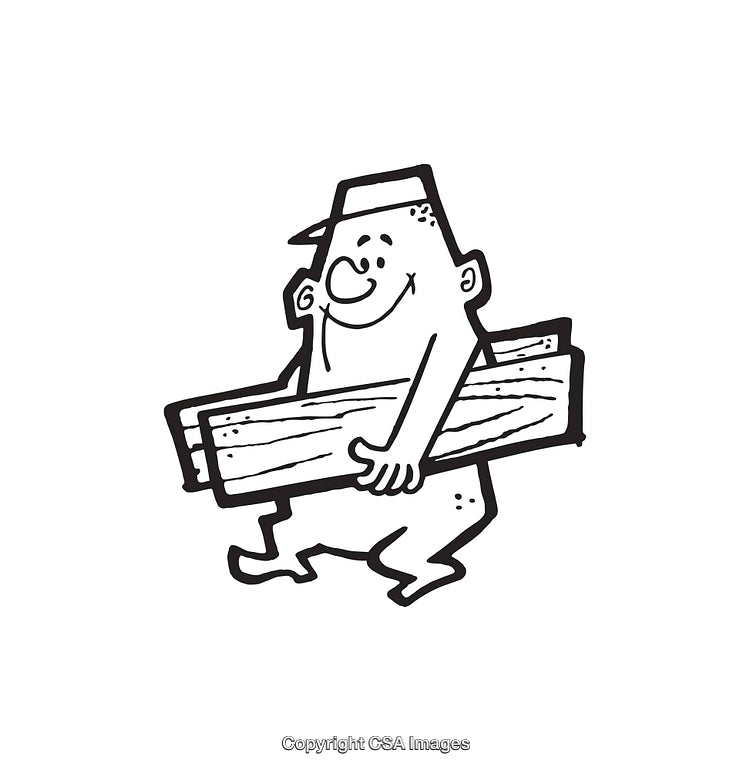 Black and White Cartoon of Man Carrying Wooden Planks