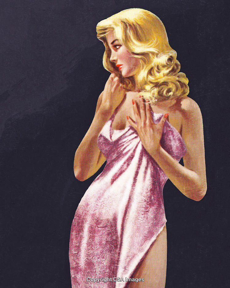 Vintage Artwork of a Glamorous Blonde Woman in a Pink Dress